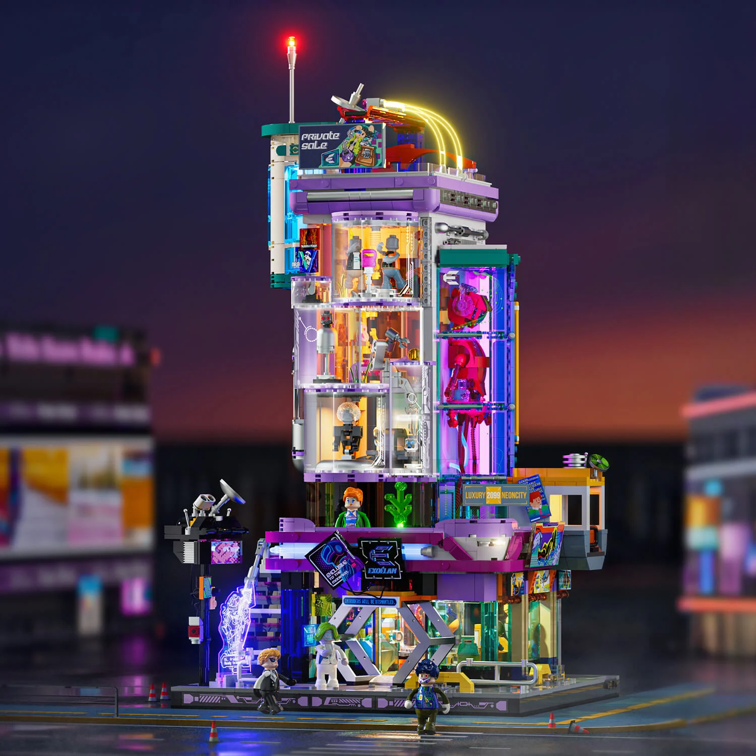 Cyber Couture Galleria Cyberpunk Lighted Building Set with Rooftop Runway