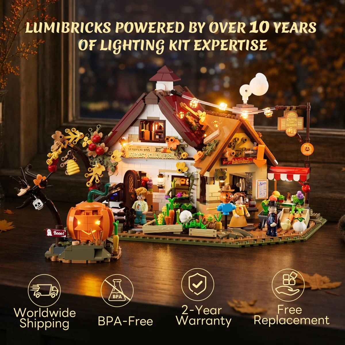 Autumn Farmhouse Halloween Building Set with 12 LED Lights