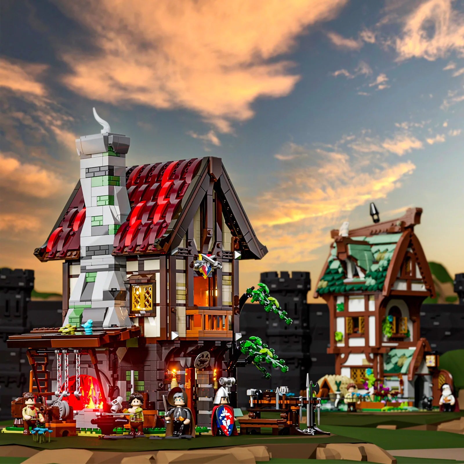 Forge House 1595-Piece Medieval Workshop Building Set with Lights