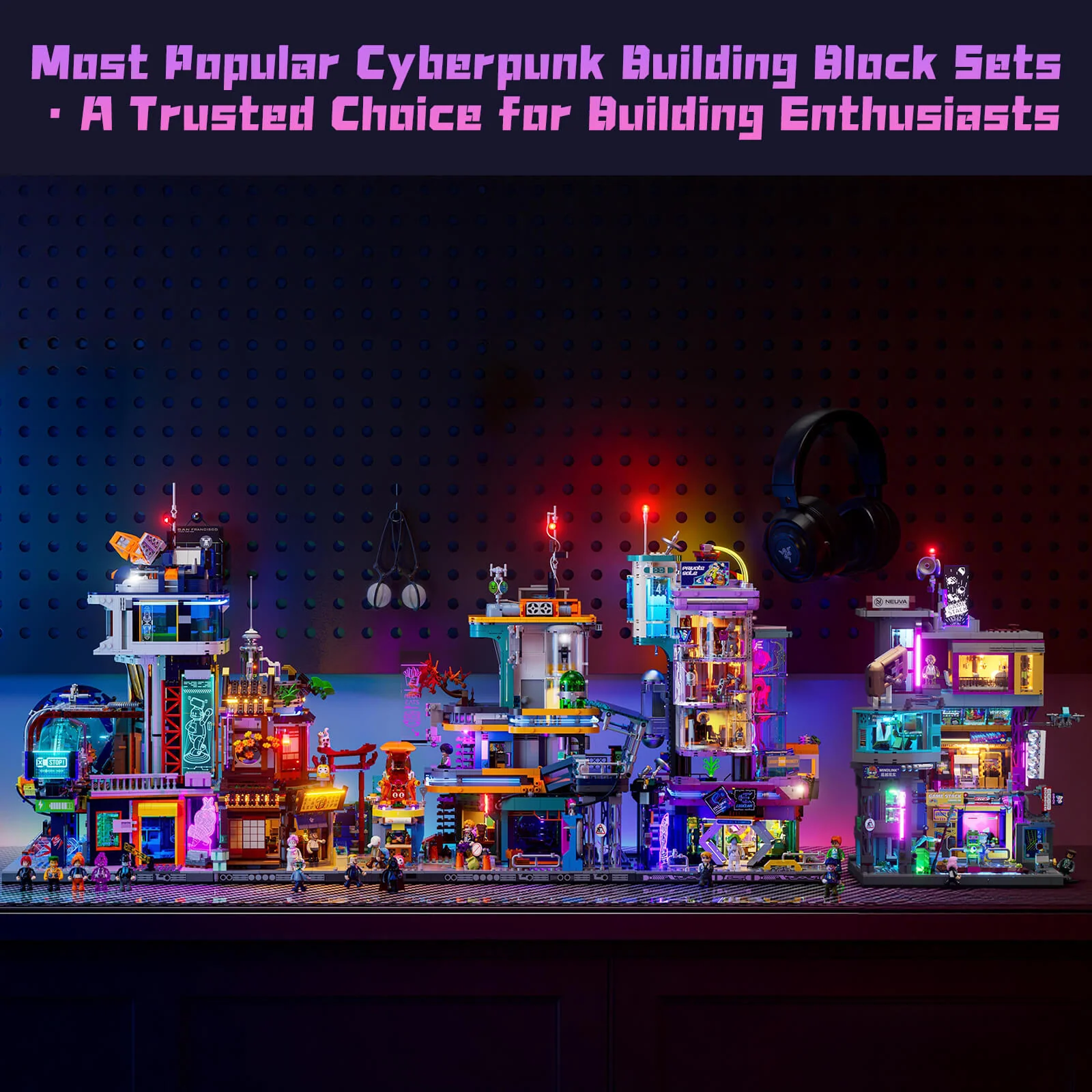 Cyber Couture Galleria Cyberpunk Lighted Building Set with Rooftop Runway