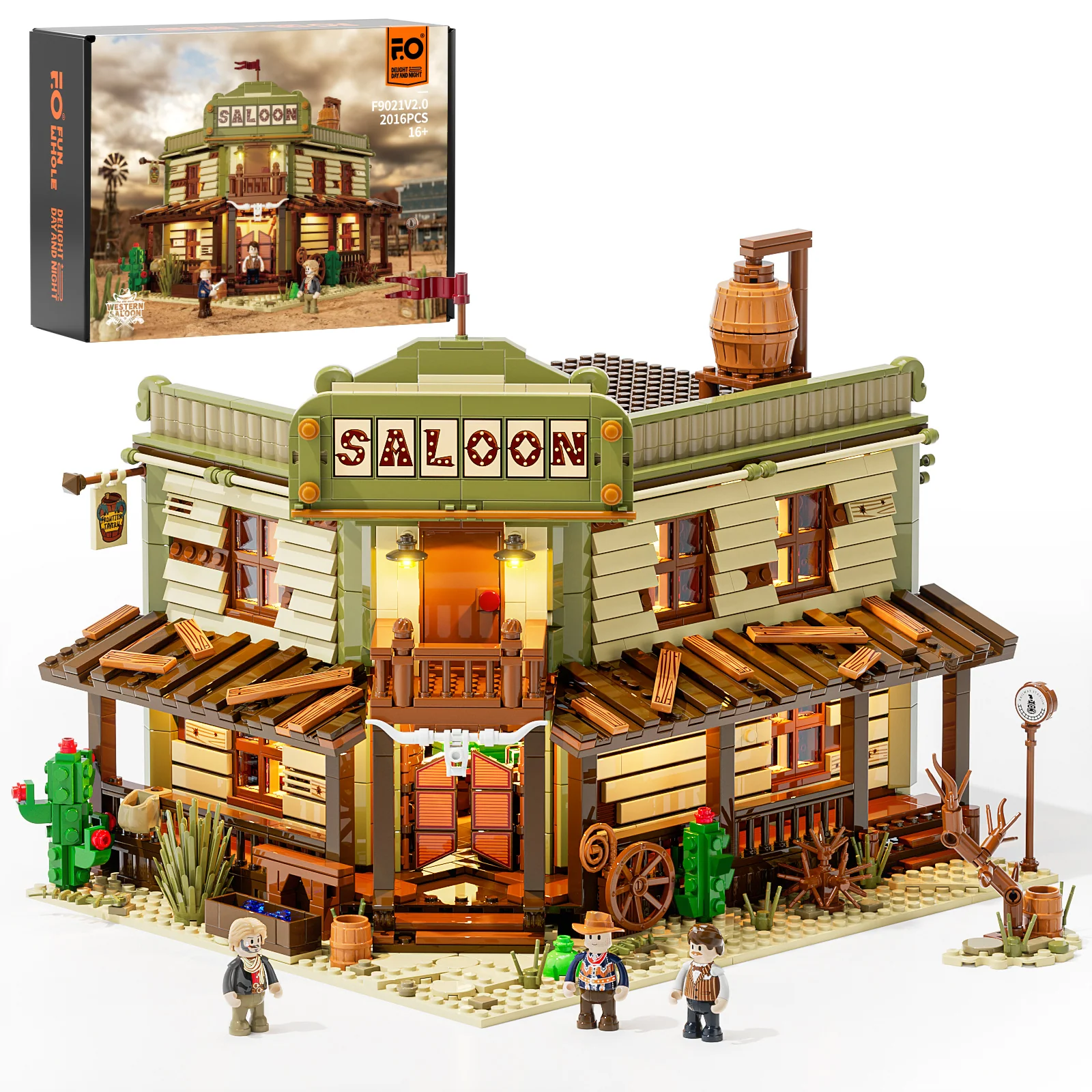 Western Saloon Building Block Set with 3 Minifigures and Lights