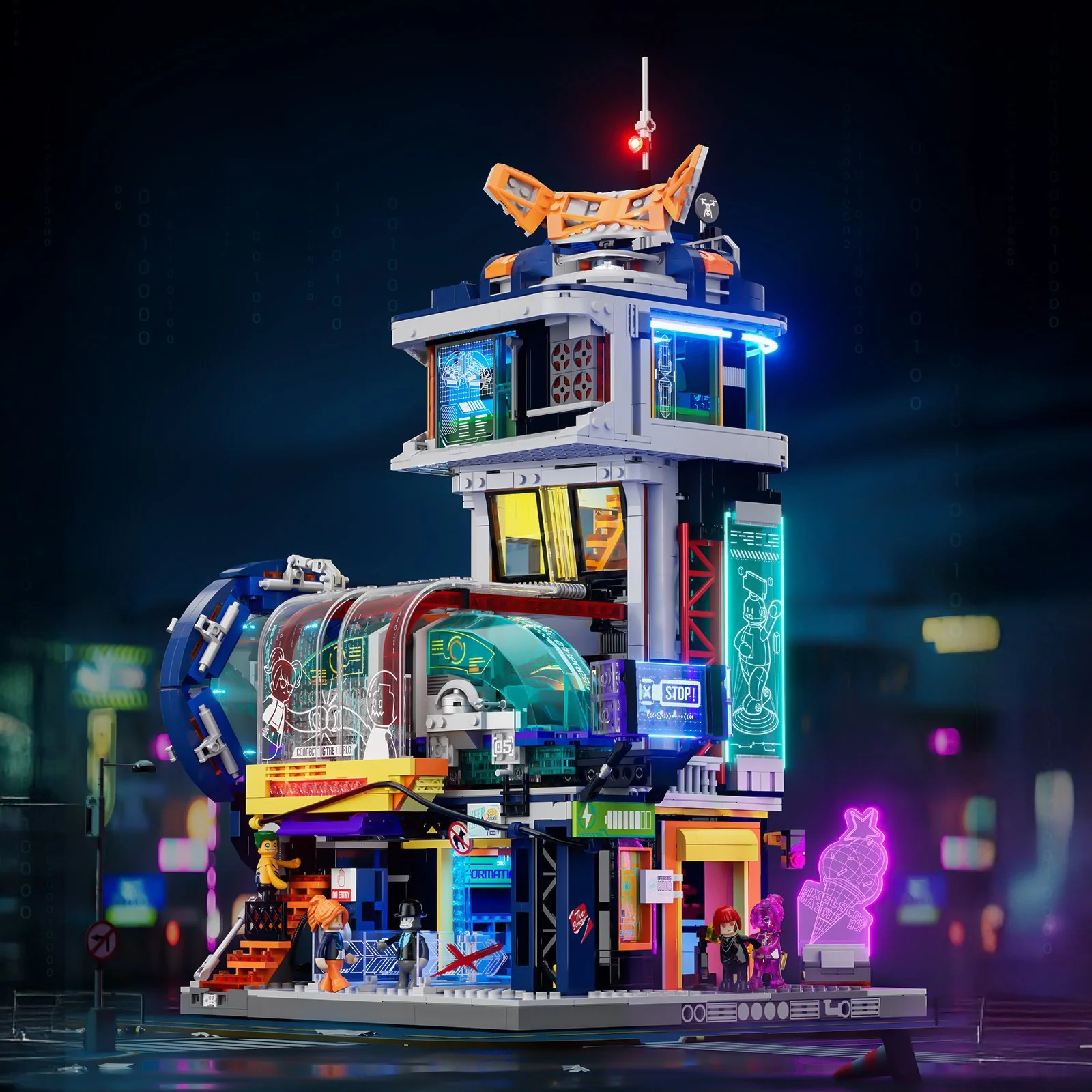 Floating Train Station Cyberpunk Building Set with LED Lights