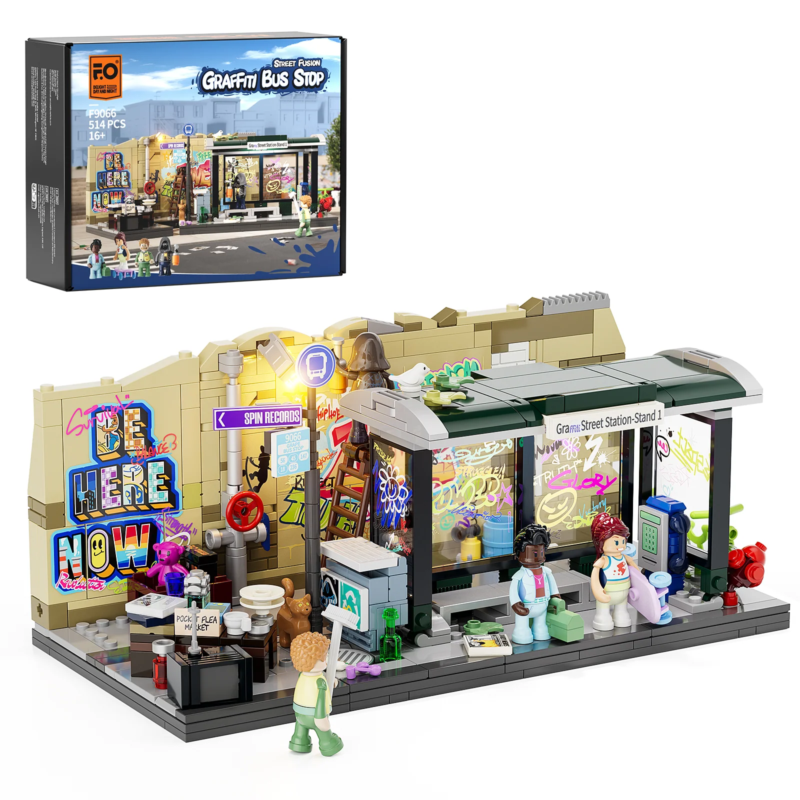 Graffiti Bus Stop 90s New York Street Building Set with LED Lights