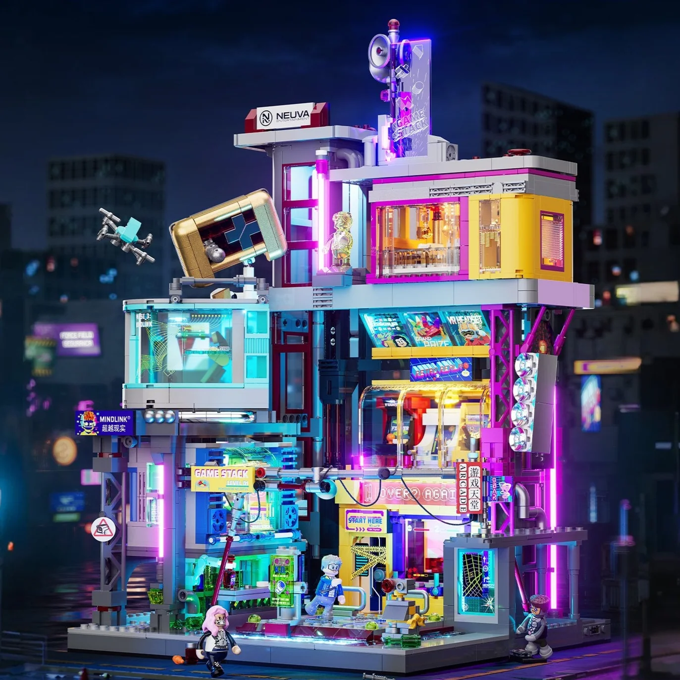 Game Stack L9095 Cyberpunk Entertainment District Building Set with Neon Lights