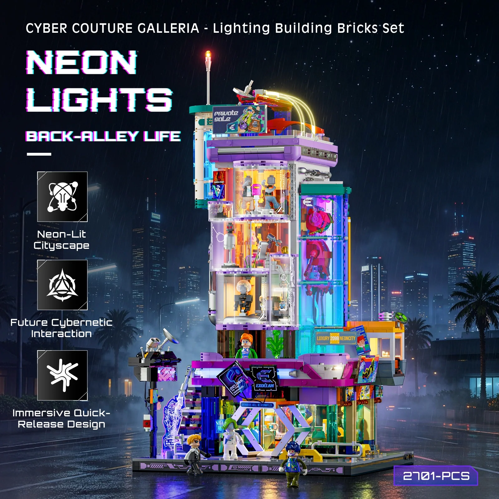 Cyber Couture Galleria Cyberpunk Lighted Building Set with Rooftop Runway