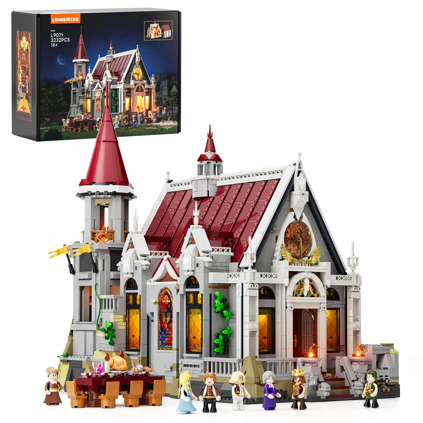 Castle Banquet Hall L9071 Medieval Brick Build with Stained Glass Lights
