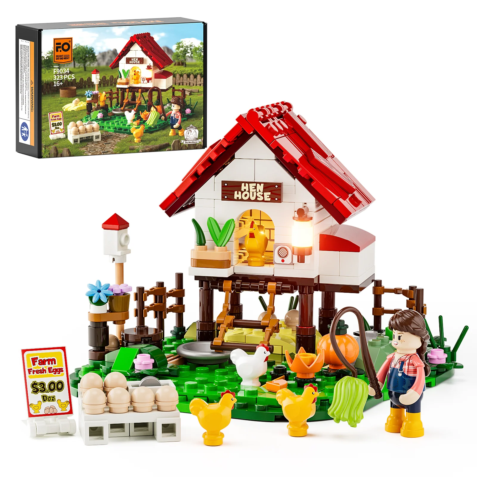 The Hen House Farm Building Set with Chickens and Lighting Kit