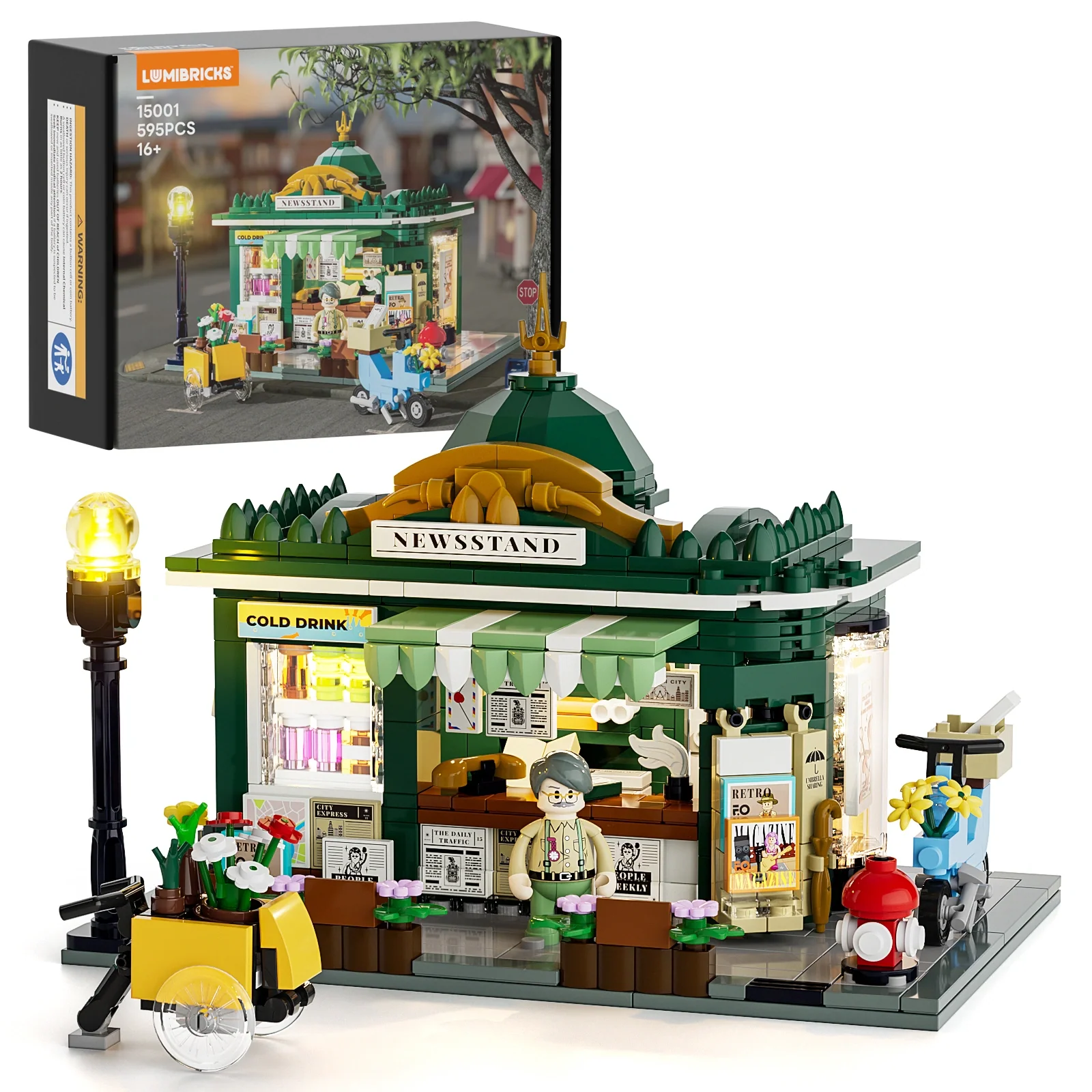 Lumibricks Newsstand Corner Kiosk Building Set with Lights