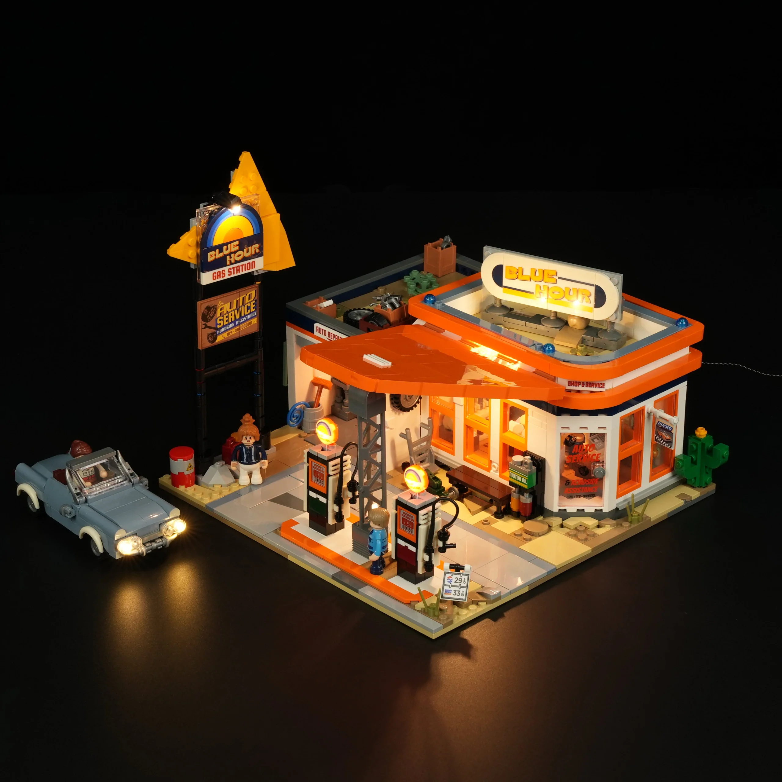 Retro 1960s Gas Station Building Set with LED Lights