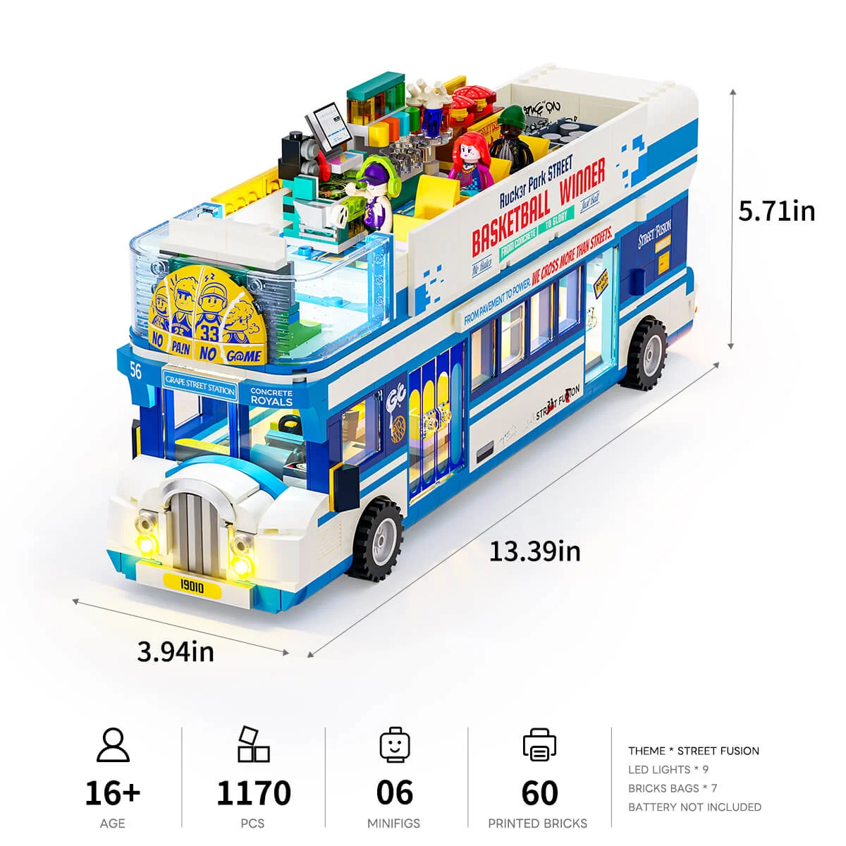 Streetball Tour Bus Double-Decker Building Set with 9 Lights
