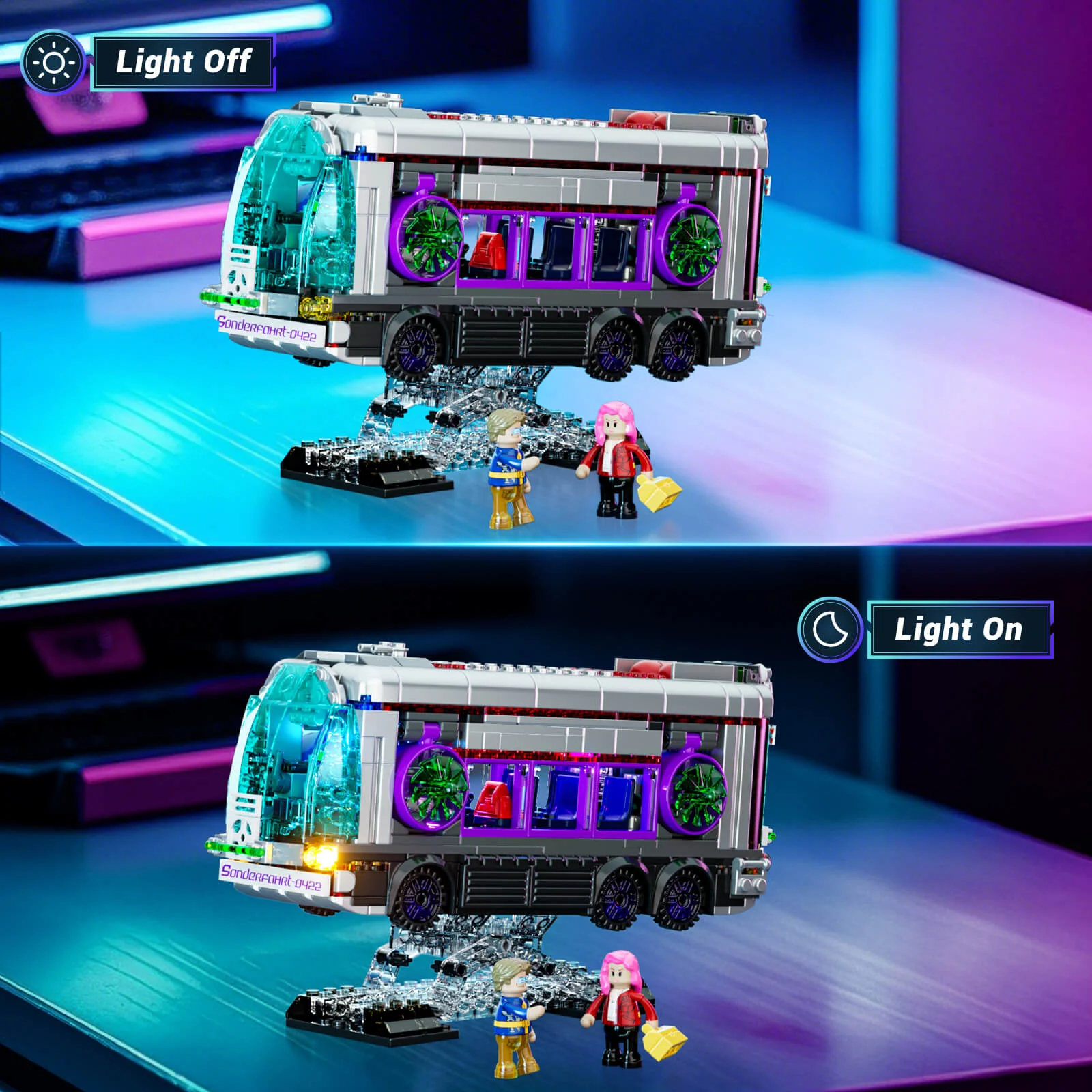 Future Bus Cyberpunk Building Set with Neon Lights