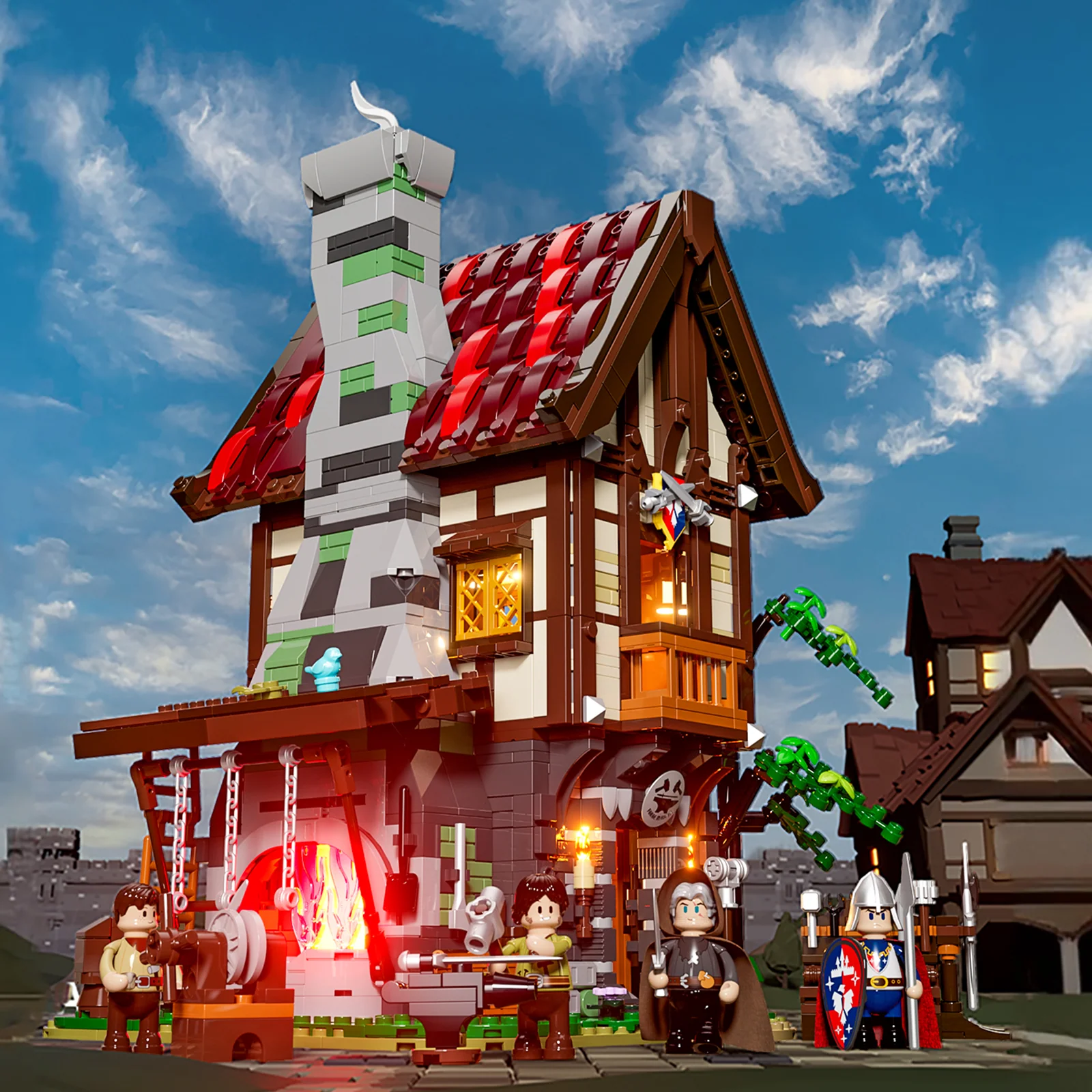 Forge House 1595-Piece Medieval Workshop Building Set with Lights