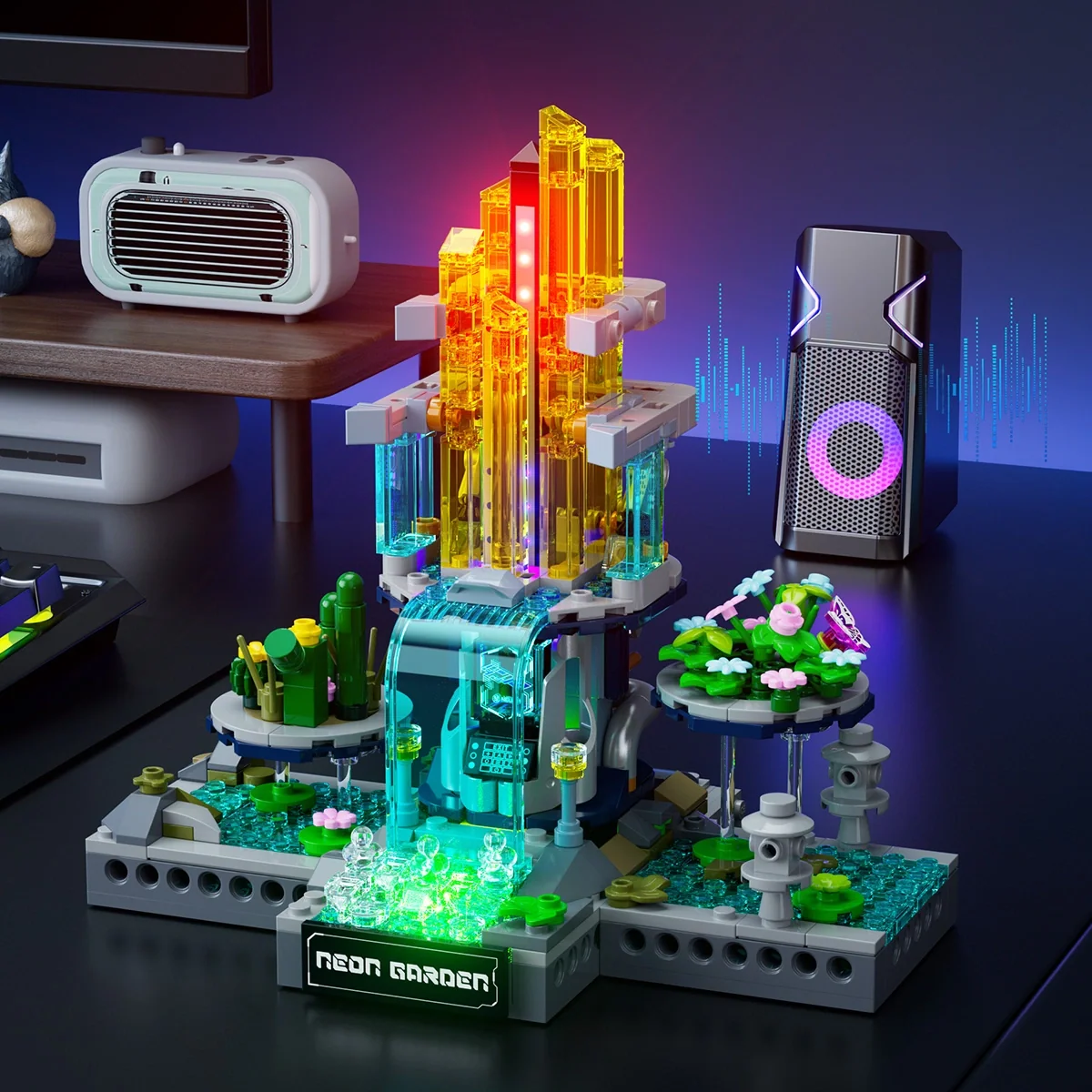 Neon Garden Cyberpunk Building Set with Sound-Reactive RGB Lights