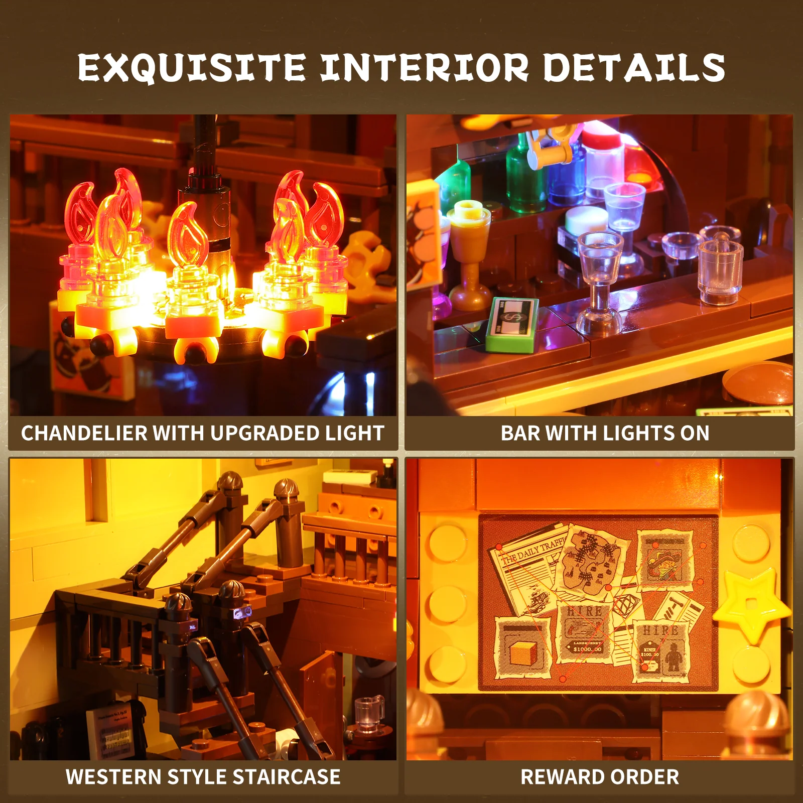 Western Saloon Building Block Set with 3 Minifigures and Lights