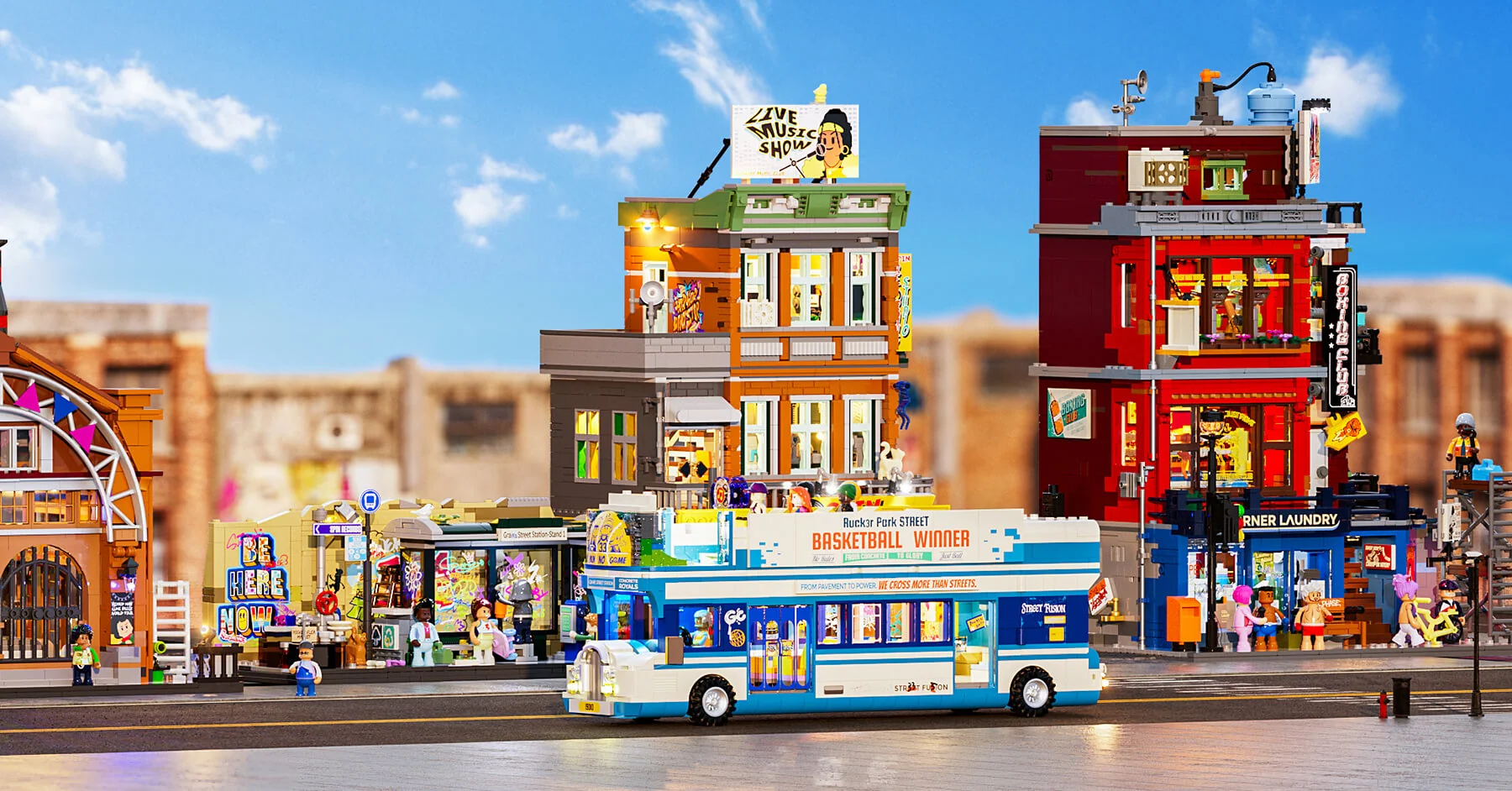 Streetball Tour Bus Double-Decker Building Set with 9 Lights