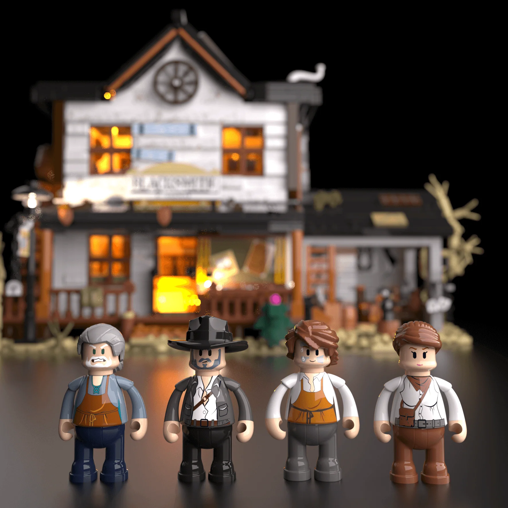 Old West Blacksmith Workshop Building Set with Forge Fire Lighting