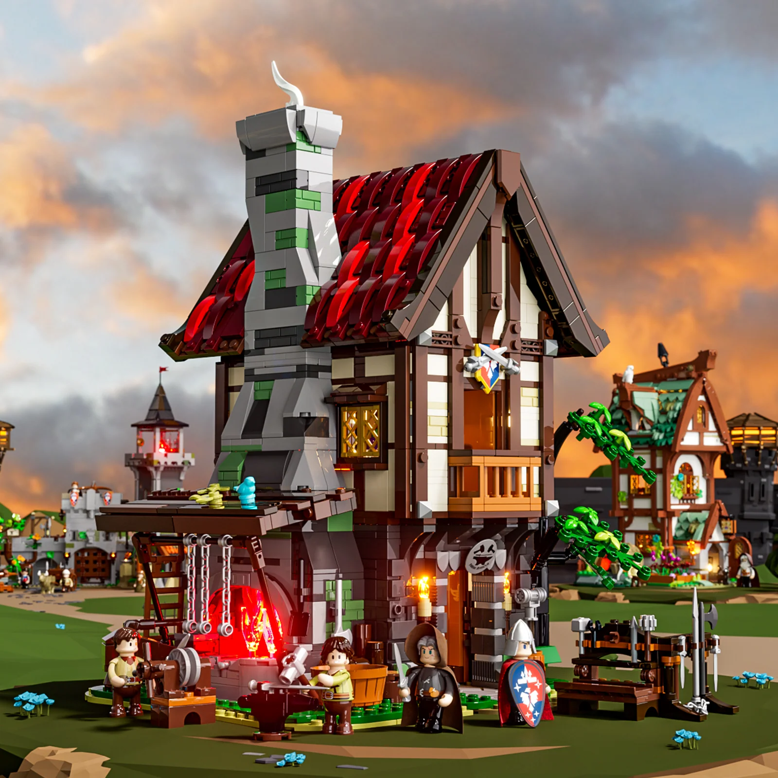 Forge House 1595-Piece Medieval Workshop Building Set with Lights