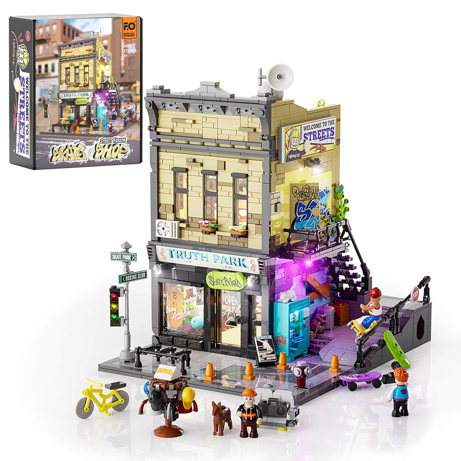 Skate Shop Street Scene Building Set with Graffiti and Lights