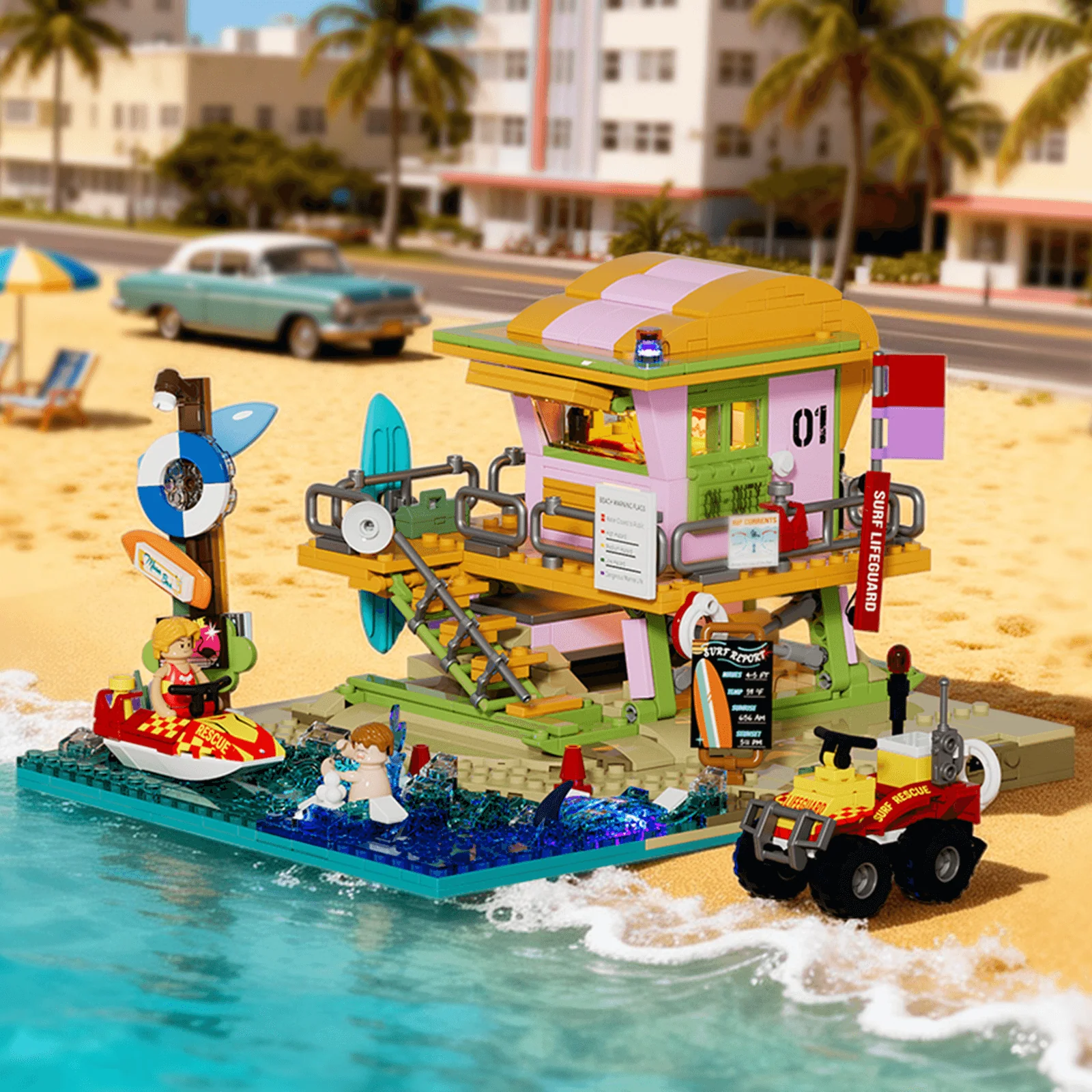 Beach Lifeguard Tower Building Set with Pastel Miami Beach Design
