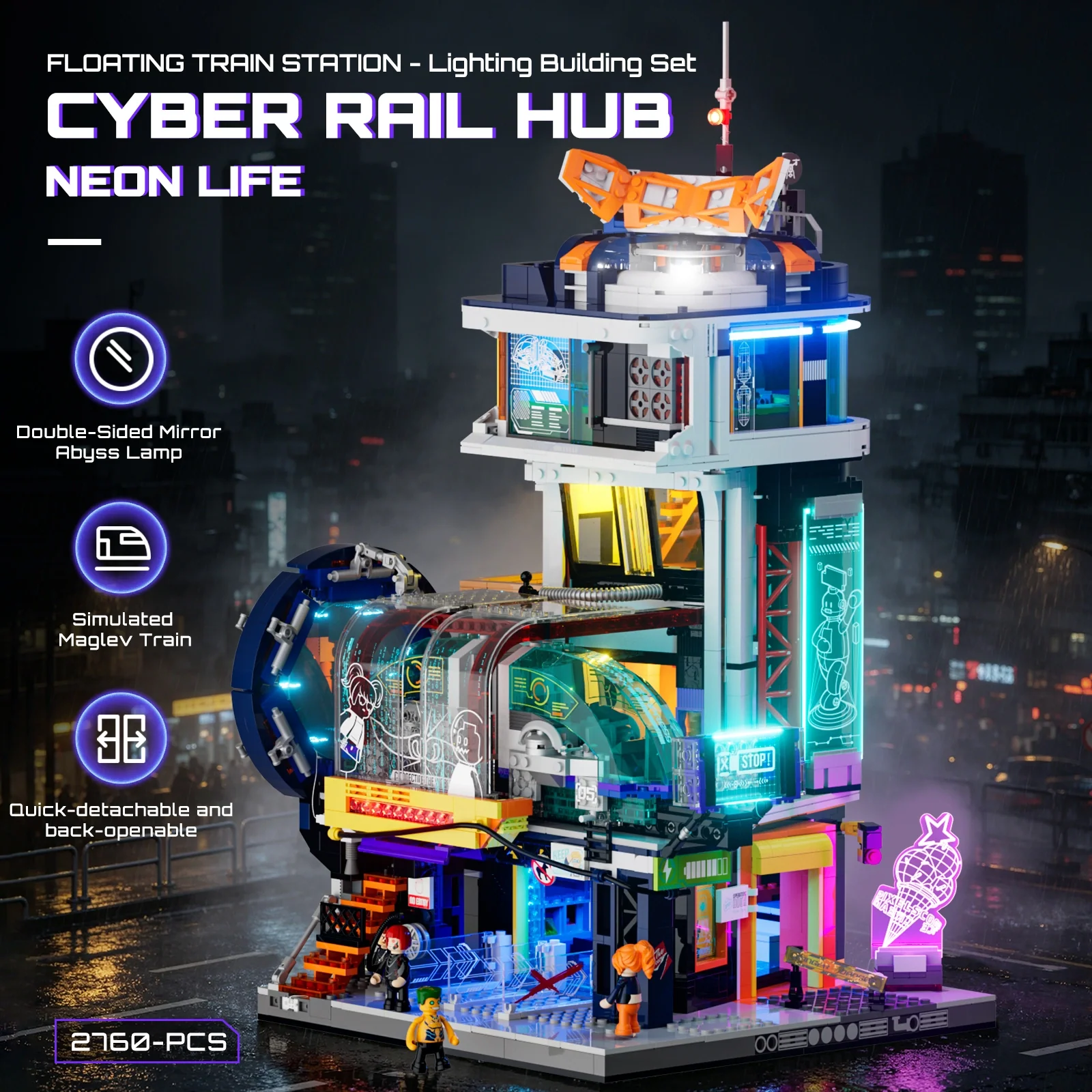 Floating Train Station Cyberpunk Building Set with LED Lights