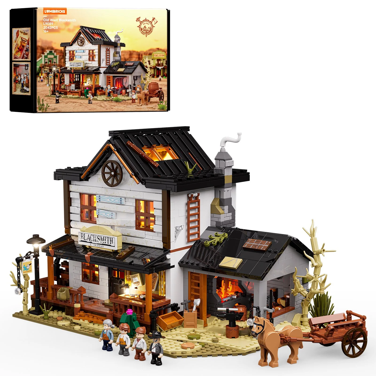 Old West Blacksmith Workshop Building Set with Forge Fire Lighting