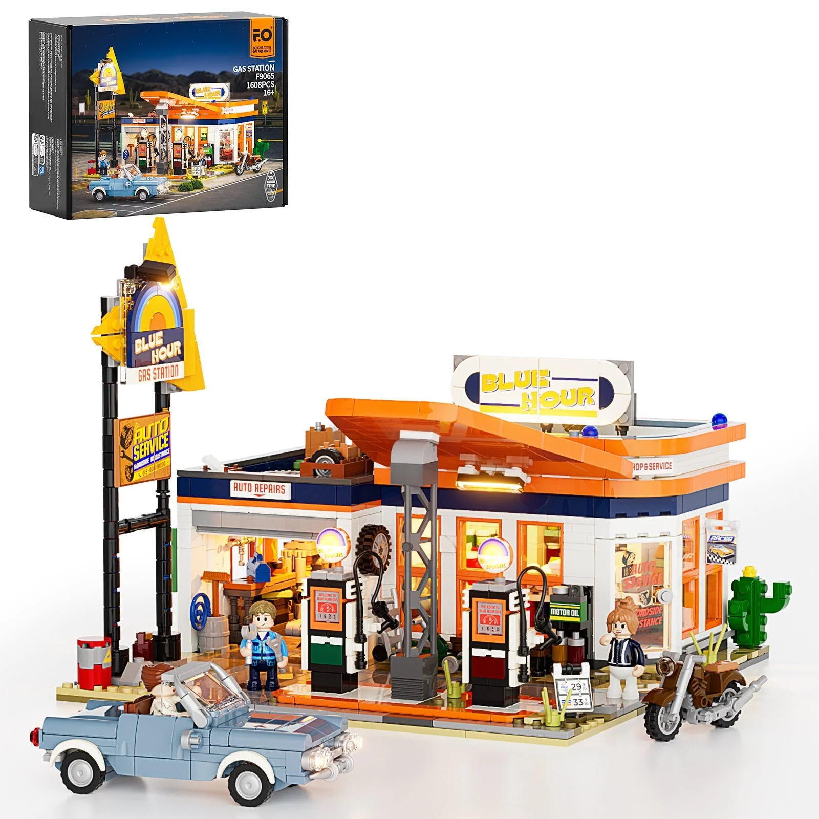 Retro 1960s Gas Station Building Set with LED Lights