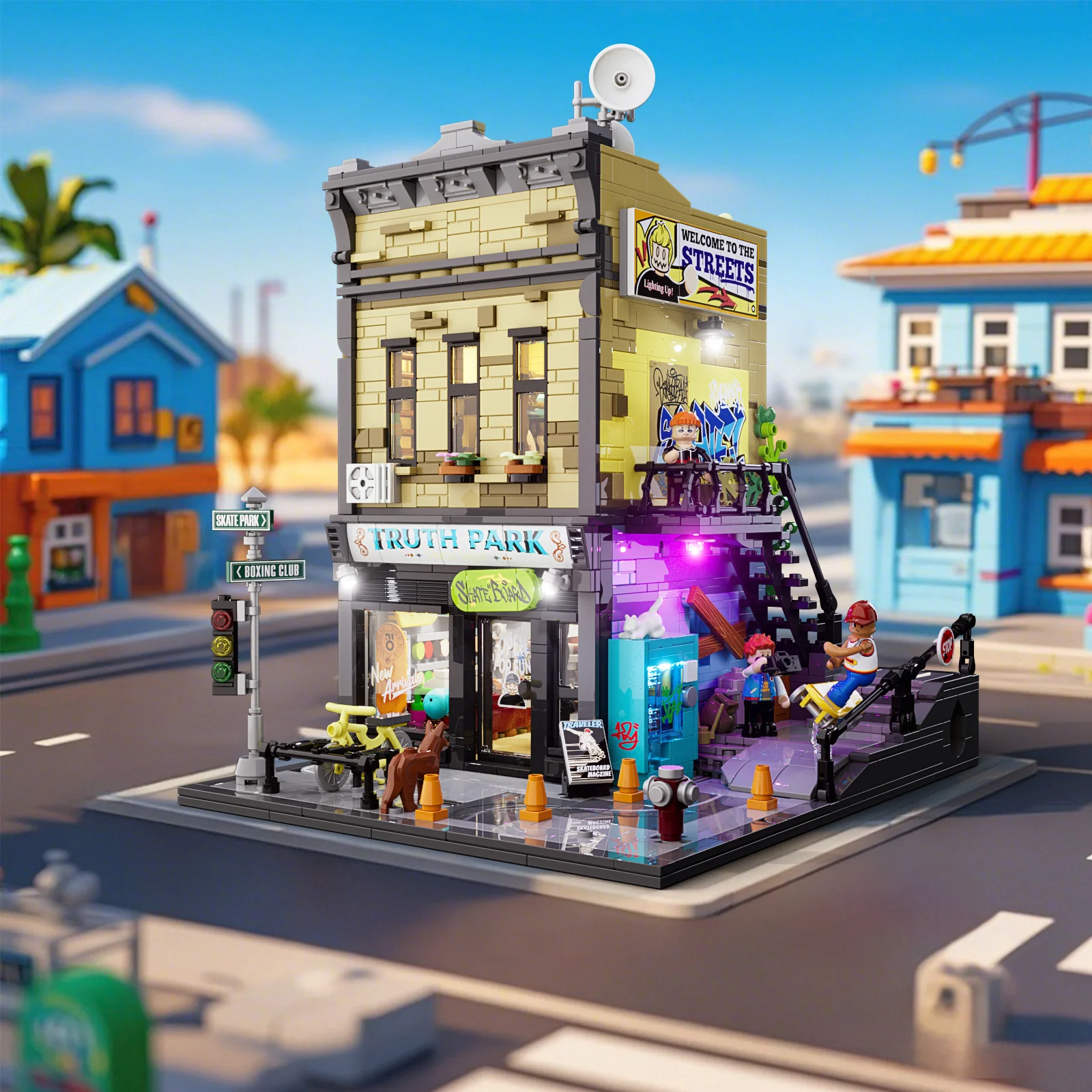 Skate Shop Street Scene Building Set with Graffiti and Lights