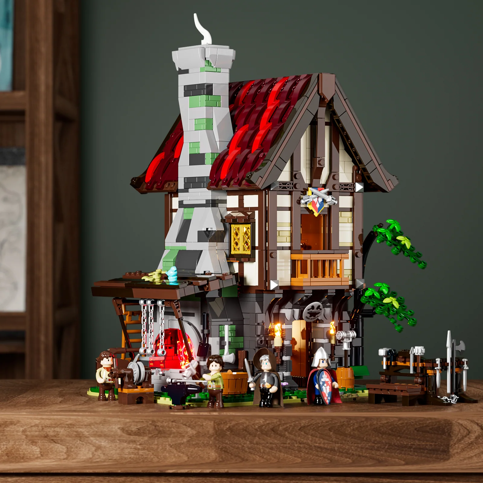 Forge House 1595-Piece Medieval Workshop Building Set with Lights