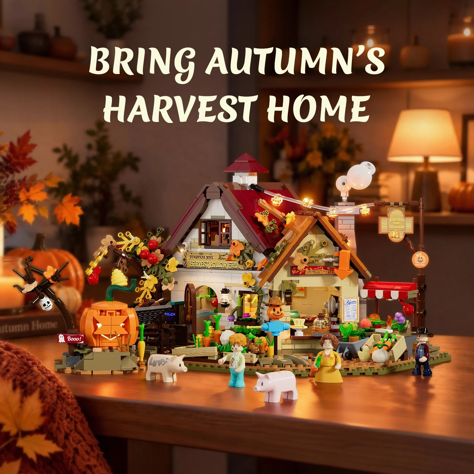 Autumn Farmhouse Halloween Building Set with 12 LED Lights