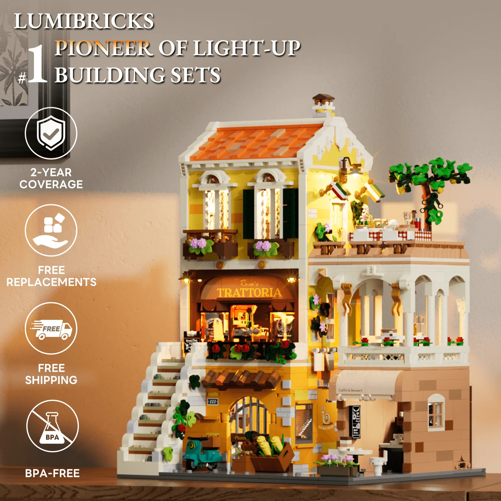 Italian Homestyle Restaurant Modular Street Building Set for Display