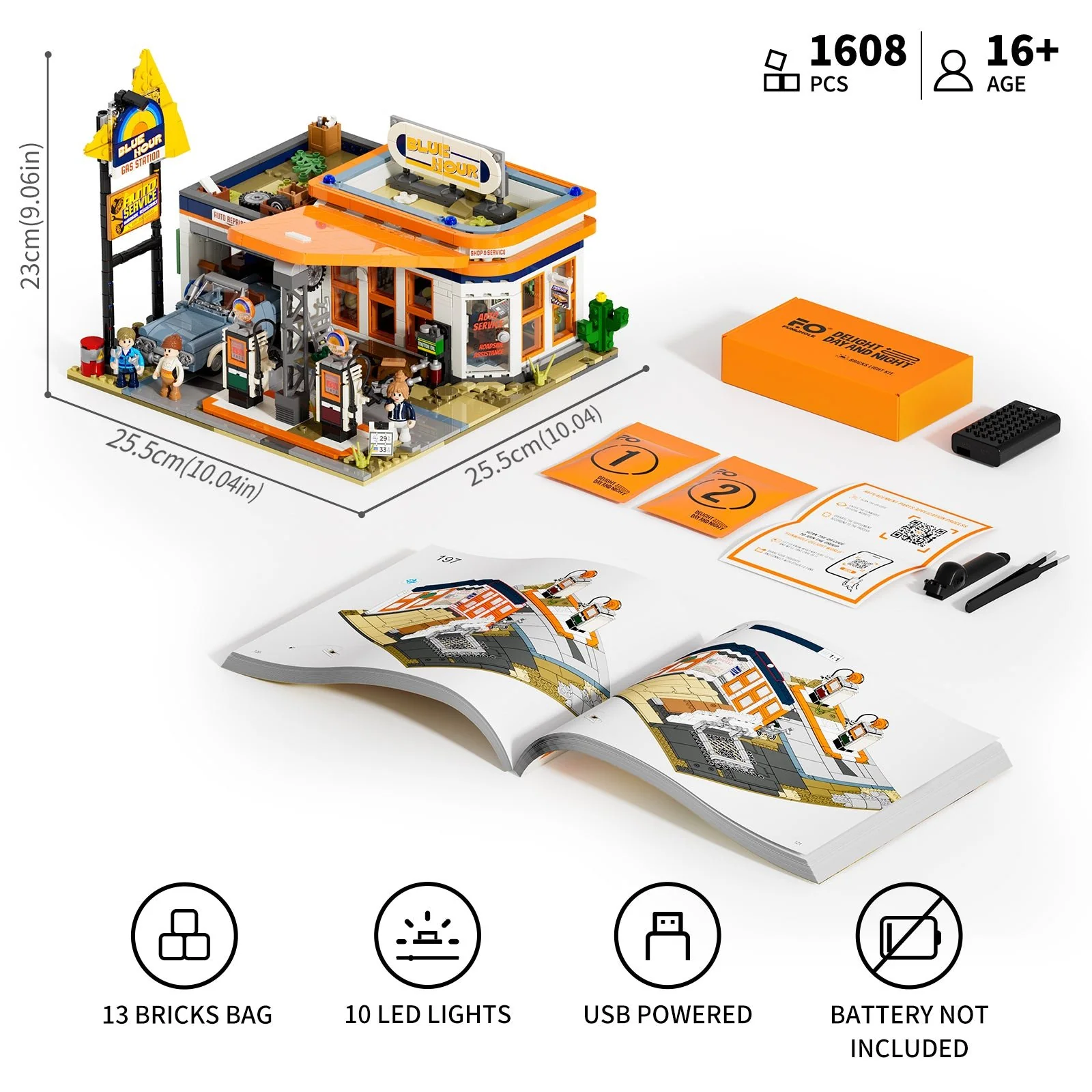 Retro 1960s Gas Station Building Set with LED Lights