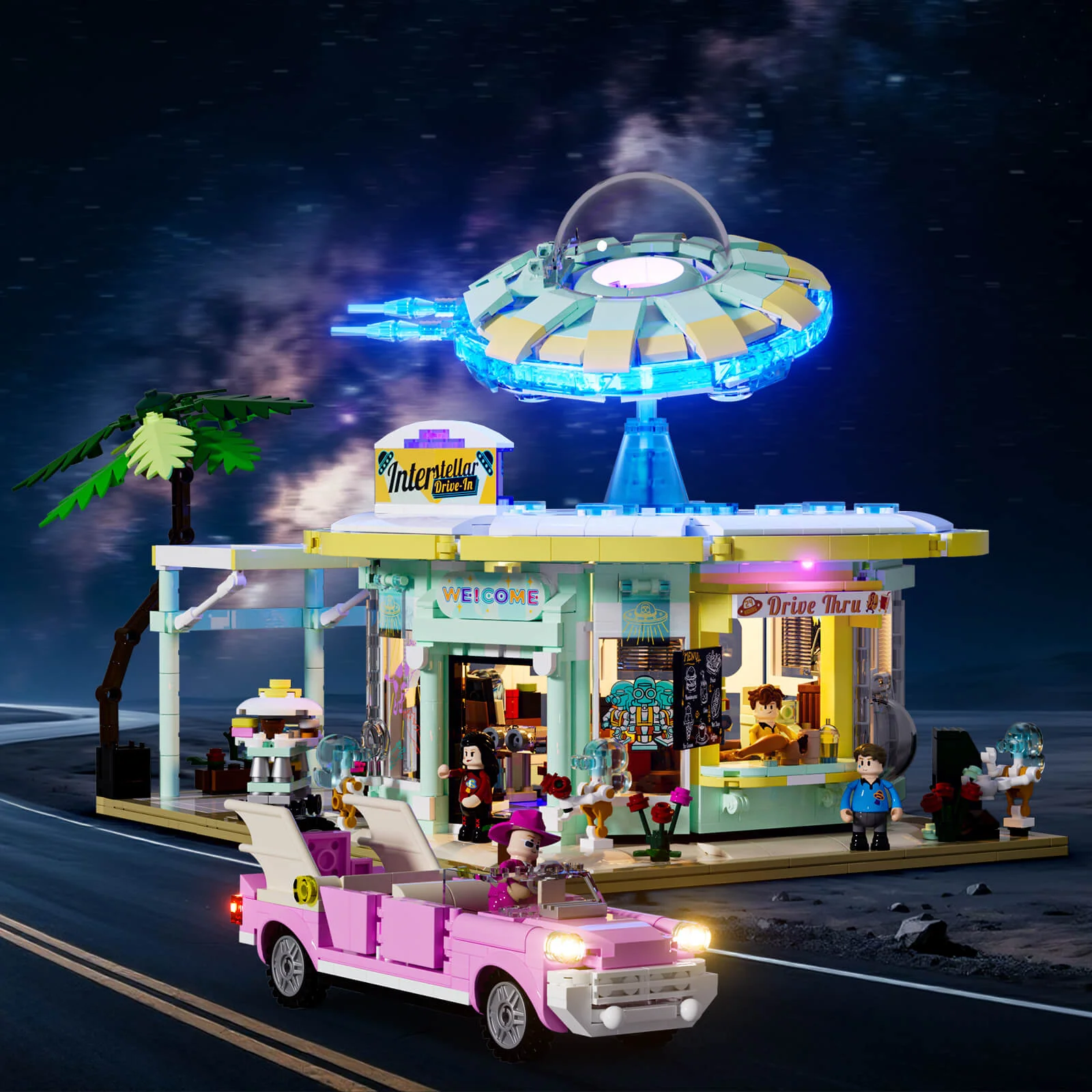 Interstellar Drive-In LED Building Set with Flying Saucer Diner