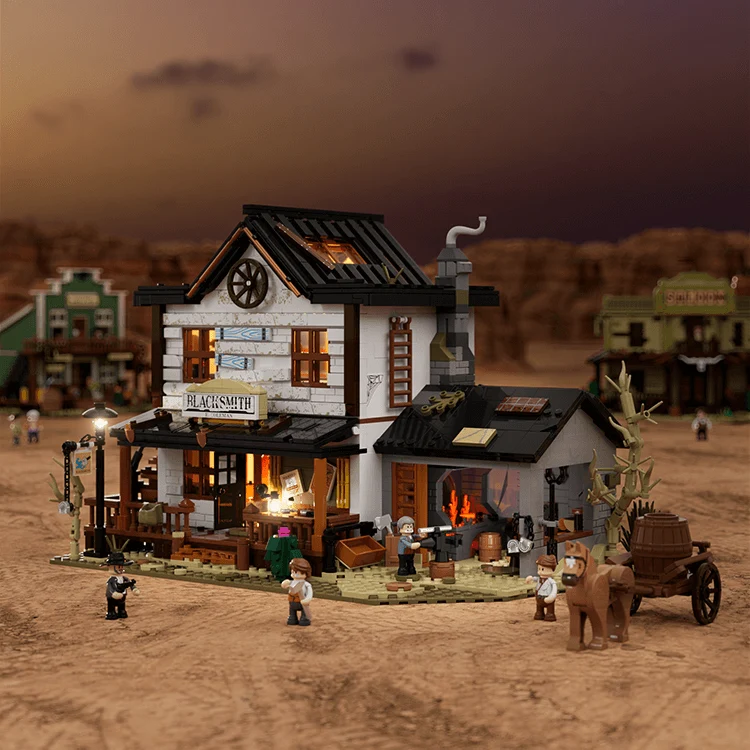 Old West Blacksmith Workshop Building Set with Forge Fire Lighting