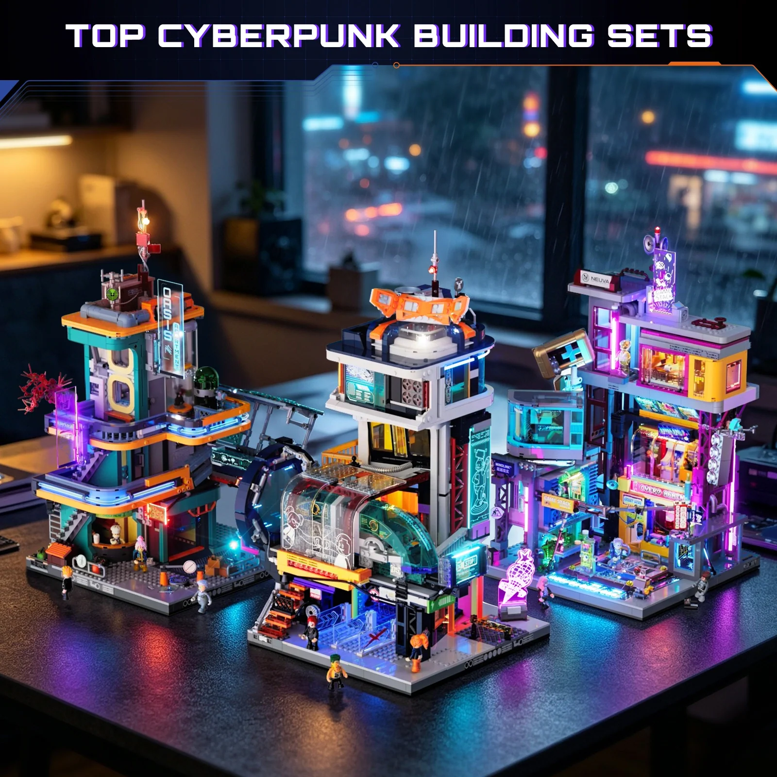 Floating Train Station Cyberpunk Building Set with LED Lights