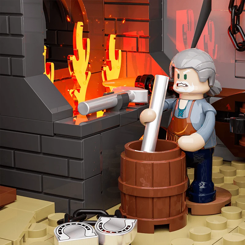 Old West Blacksmith Workshop Building Set with Forge Fire Lighting