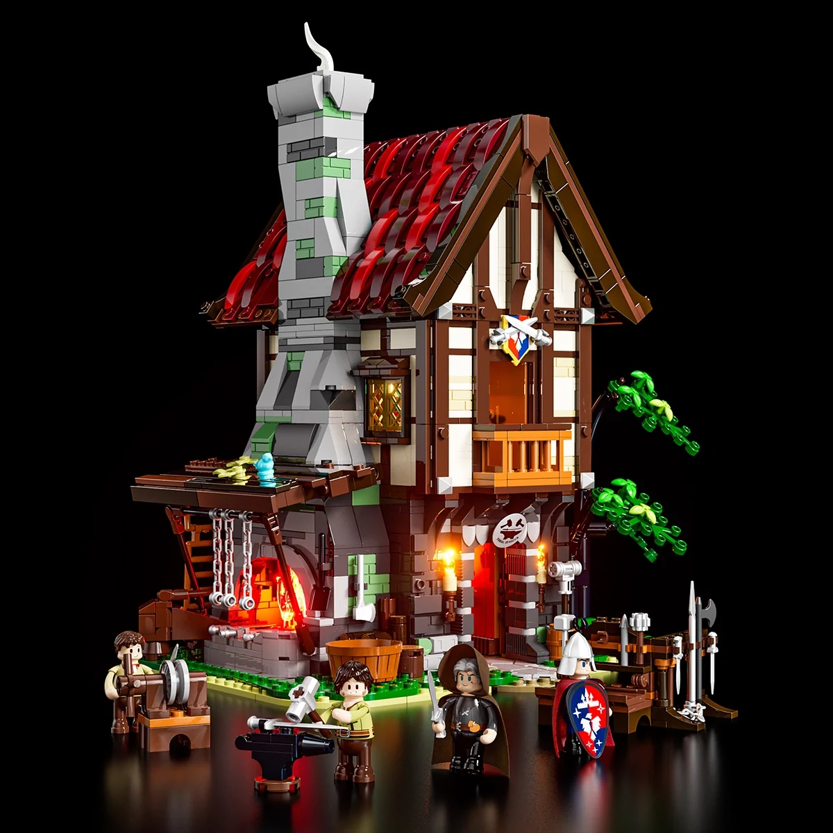 Forge House 1595-Piece Medieval Workshop Building Set with Lights