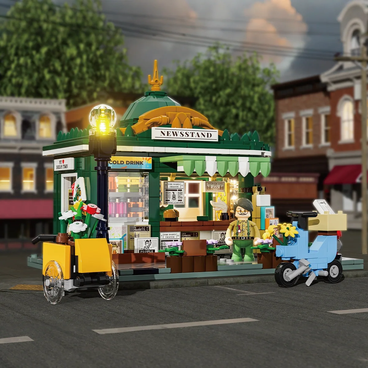 Lumibricks Newsstand Corner Kiosk Building Set with Lights