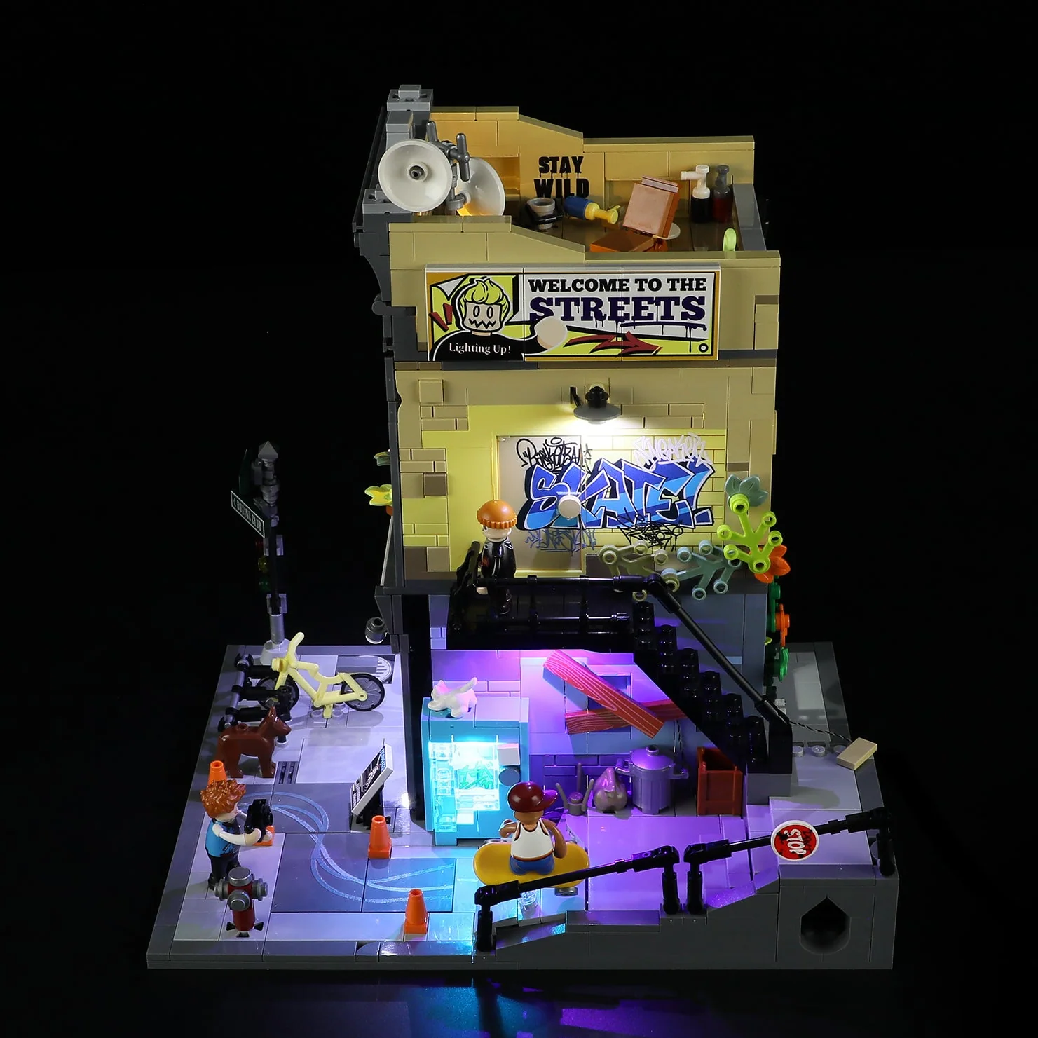 Skate Shop Street Scene Building Set with Graffiti and Lights