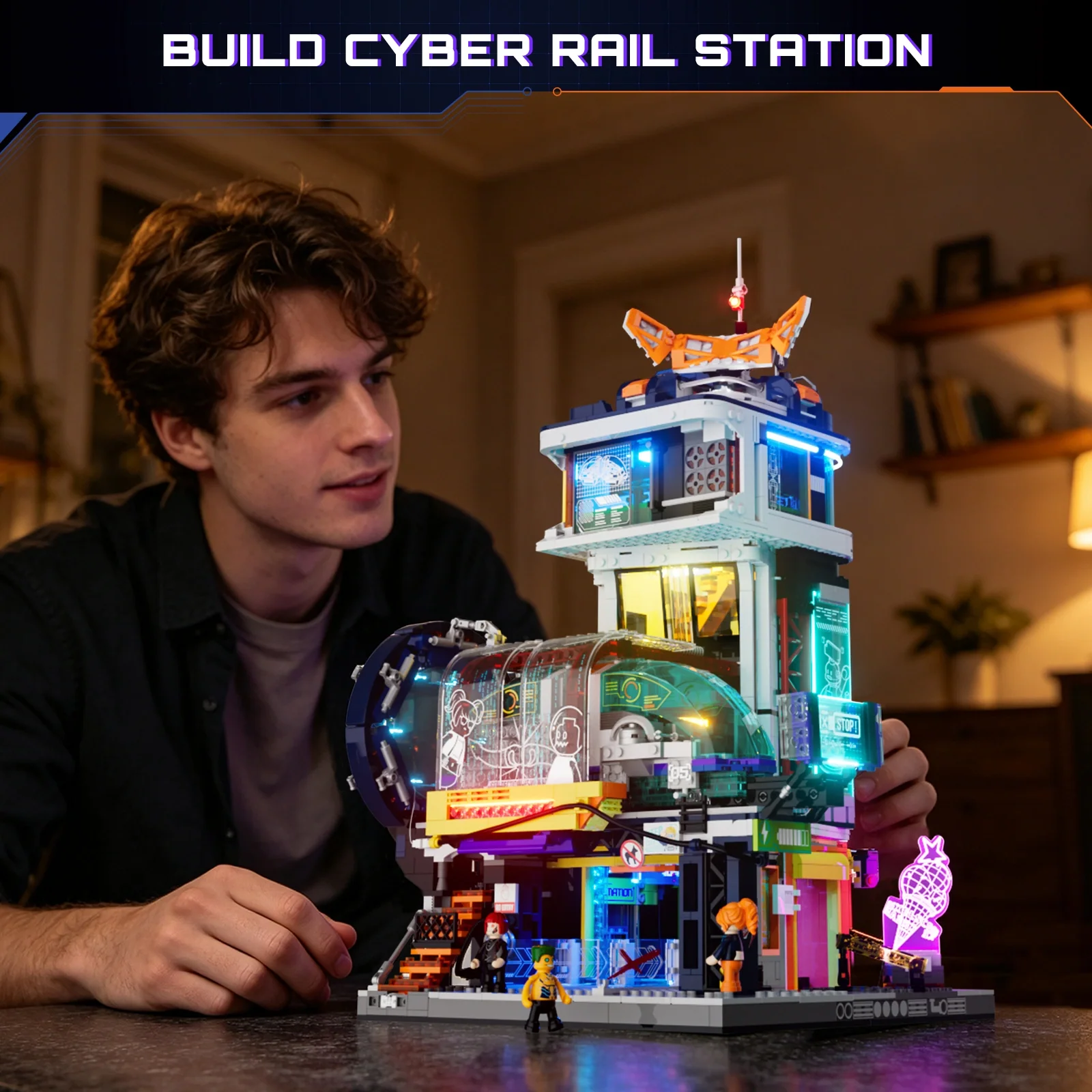 Floating Train Station Cyberpunk Building Set with LED Lights
