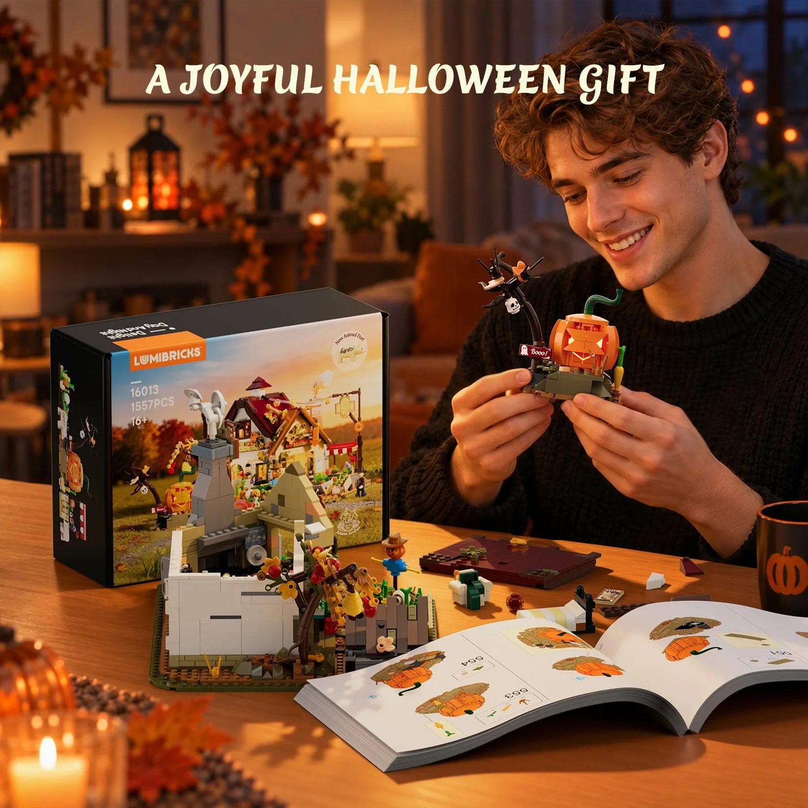 Autumn Farmhouse Halloween Building Set with 12 LED Lights
