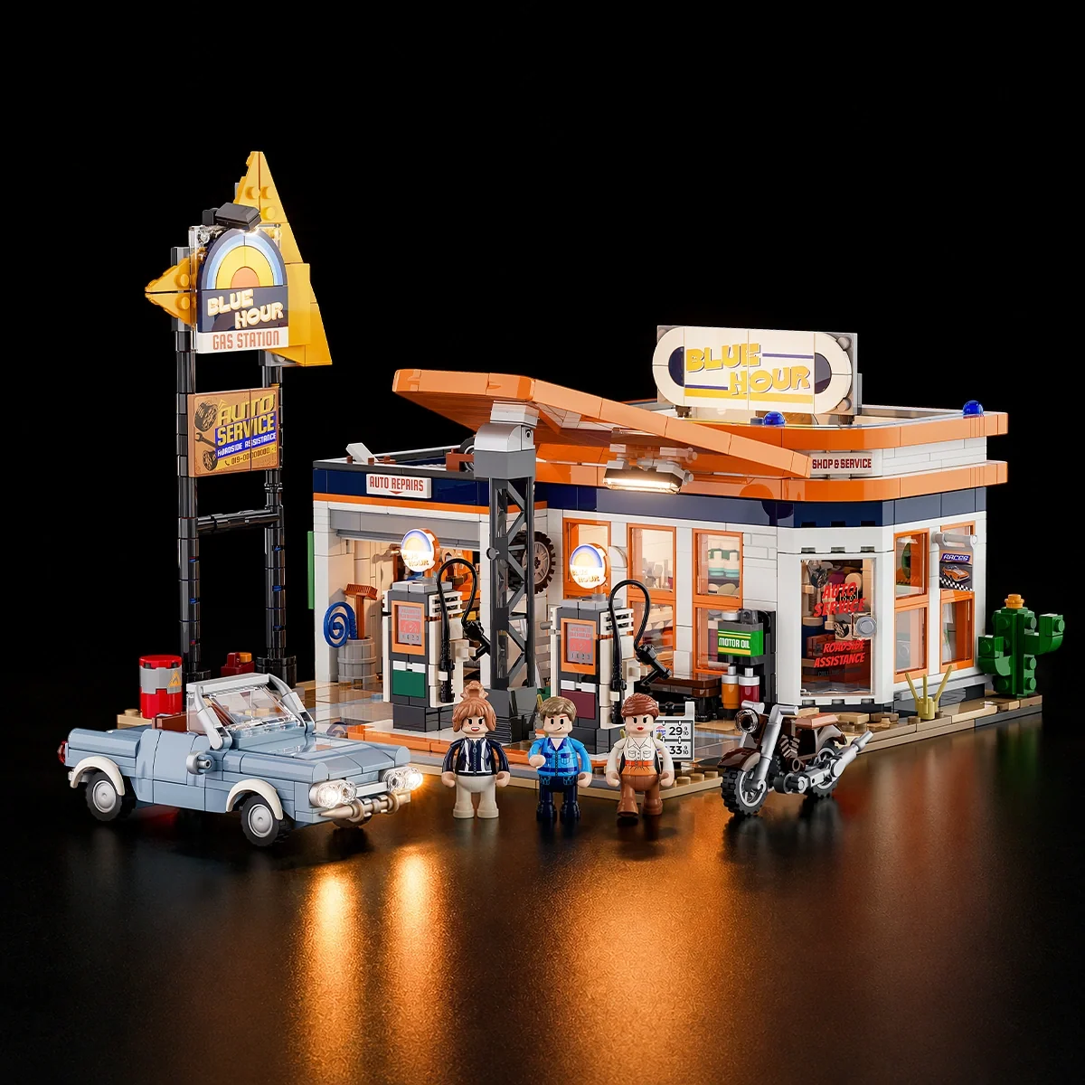 Retro 1960s Gas Station Building Set with LED Lights