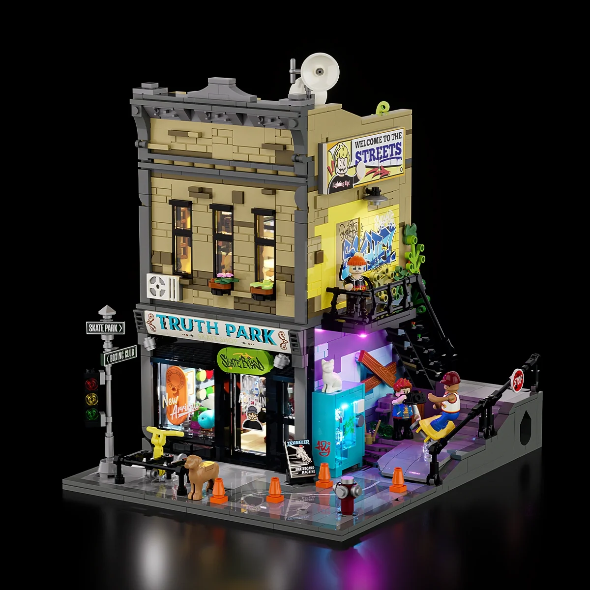 Skate Shop Street Scene Building Set with Graffiti and Lights