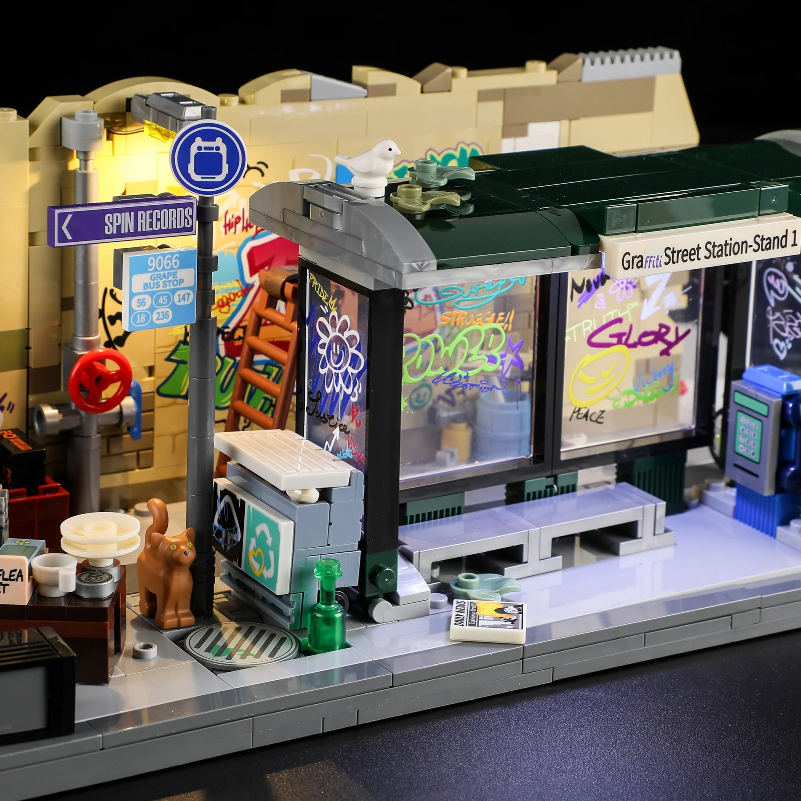 Graffiti Bus Stop 90s New York Street Building Set with LED Lights