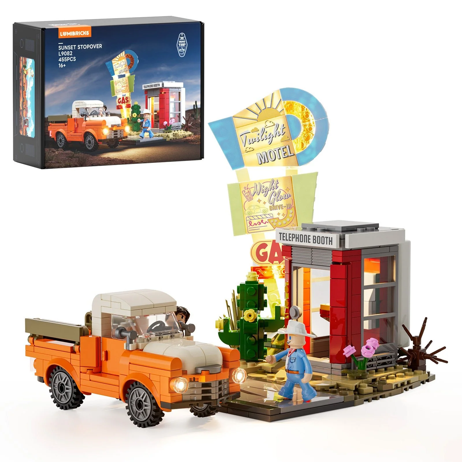 Sunset Stopover L9082 Retro American Highway Building Set with LED Lights