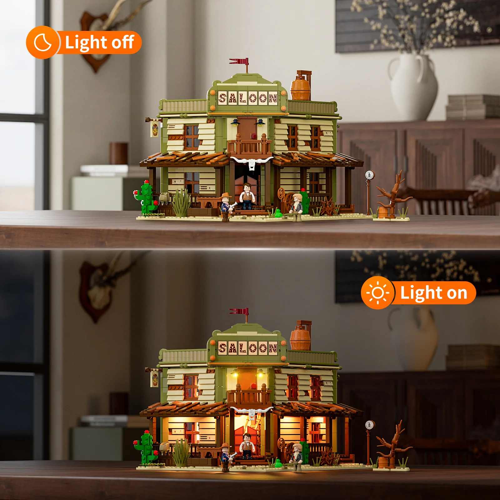 Western Saloon Building Block Set with 3 Minifigures and Lights