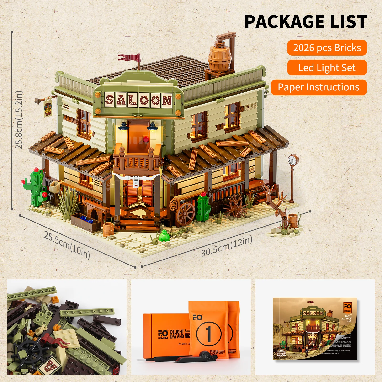 Western Saloon Building Block Set with 3 Minifigures and Lights