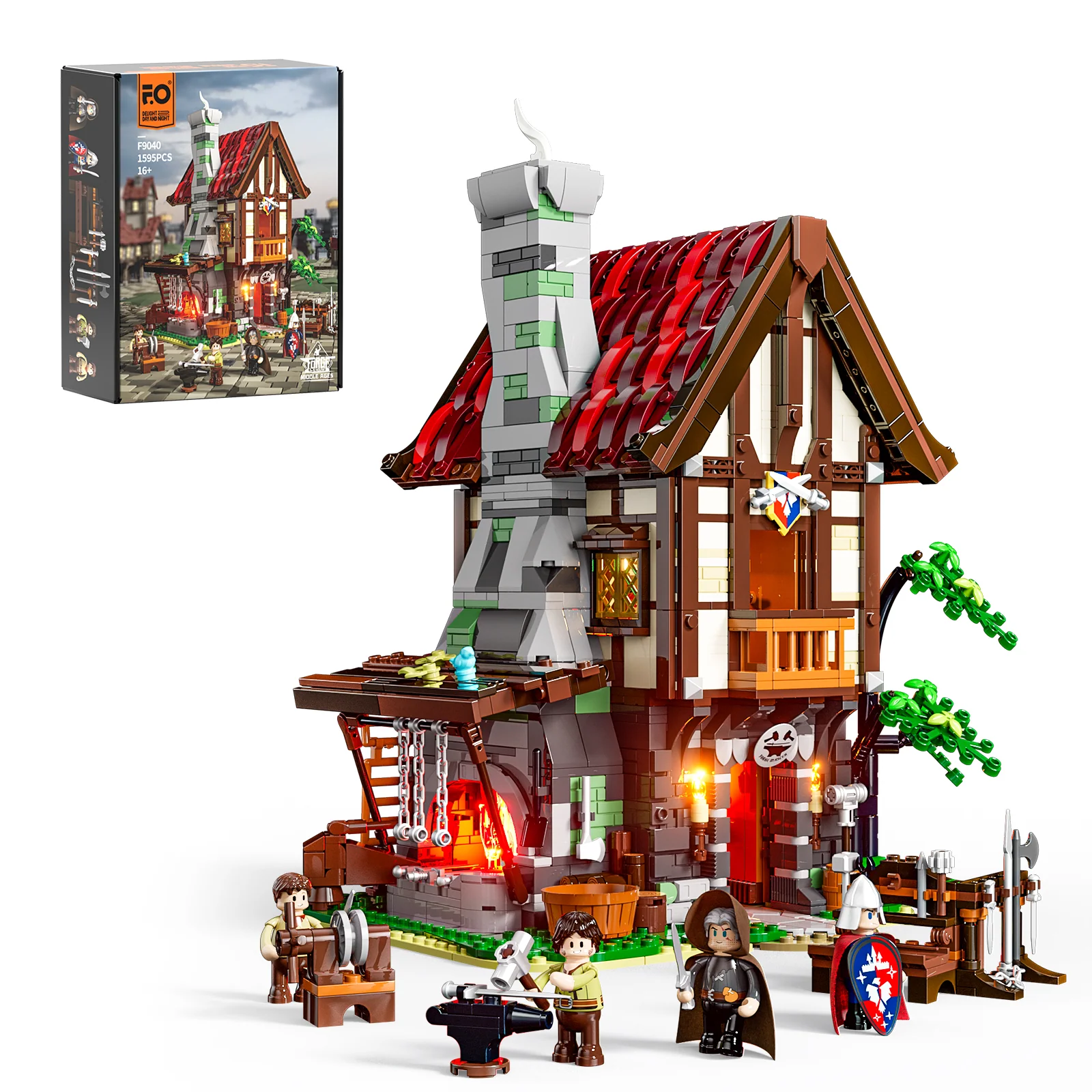 Forge House 1595-Piece Medieval Workshop Building Set with Lights